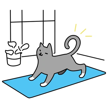 A cat, with soft grey fur, is positioned in a yoga pose on a vibrant blue mat. The cat's front paws are stretched forward, while its back legs are extended behind. The room features light wooden flooring and a large window that allows sunlight to stream in. A small potted plant sits in the corner, adding a touch of greenery. The walls are painted a soft white, creating a calm atmosphere.
