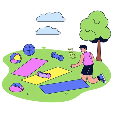 A fitness enthusiast setting up an outdoor circuit training area. The person is wearing a bright red tank top and black athletic shorts. They are arranging colorful fitness mats in a semicircle on green grass. Nearby, there are various workout equipment pieces including dumbbells, a jump rope, and a yoga ball. The sky above is clear with a few fluffy clouds, and there are trees in the background providing shade.