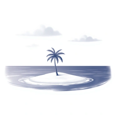 A small, deserted island stands alone in the vast ocean. The island features a single palm tree positioned in the center, its fronds gently arching upwards. Surrounding the island is soft, white sand that contrasts with the dark waters of the ocean. The horizon stretches out in all directions, with gentle waves lapping against the shore. In the background, the sky is clear, with a few scattered clouds adding texture to the scene.