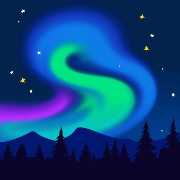 A night sky filled with the "northern lights" swirling in vibrant hues of green, purple, and blue. The lights create a mesmerizing wave-like pattern against the dark backdrop of the sky. Below, a silhouette of a mountain range frames the scene, while a group of pine trees stands in the foreground, their tops illuminated by the colorful display above. The stars twinkle softly around the edges of the aurora, adding to the enchanting atmosphere.