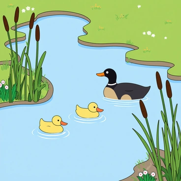 A vibrant wetland marsh with lush greenery spread across the landscape. Tall cattails jut out from the edges of the water, their brown fluffy tops swaying gently. A family of three yellow ducklings paddles through the smooth surface of the water, creating small ripples around them. The mother duck, larger and darker, is leading the ducklings, keeping them close. The background showcases patches of green grass and scattered wildflowers, enhancing the lively atmosphere of the scene.