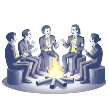 A group of diverse individuals dressed as jokers is gathered around a campfire. They are seated on logs and stumps, engaged in animated conversation. One joker is laughing heartily, while another is gesturing with their hands, emphasizing a funny story. The campfire casts flickering shadows, illuminating their colorful costumes. Several skewers with marshmallows are held by some of the jokers, with a few marshmallows already toasted and resting on a nearby log. The scene is lively, with the warm glow of the fire contrasting against the night sky. 