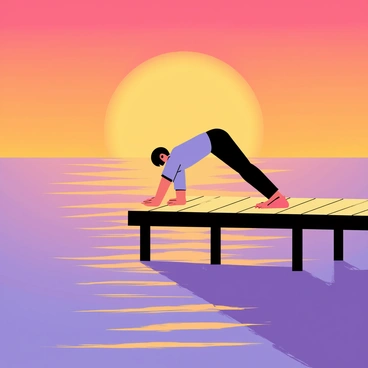A person performing a plank position on a wooden pier, with their body parallel to the surface. The sunset creates a vibrant gradient of orange, pink, and purple hues in the sky. The silhouette of the person casts a long shadow that stretches over the calm water below. Ripples in the water reflect the colors of the sunset, enhancing the serene atmosphere around the scene. The pier extends into the distance, lined with wooden planks that catch the warm light.