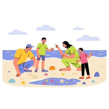 A family of four is exploring tide pools at the beach. The scene includes a father and mother crouched down, examining a tide pool filled with colorful sea creatures like starfish and small crabs. Their two children, a boy and a girl, stand nearby, excitedly pointing at a bright orange seashell. The sandy beach is dotted with various seashells and pebbles, and gentle waves can be seen lapping at the shore in the background. The sky is clear with a few fluffy clouds, creating a cheerful atmosphere.