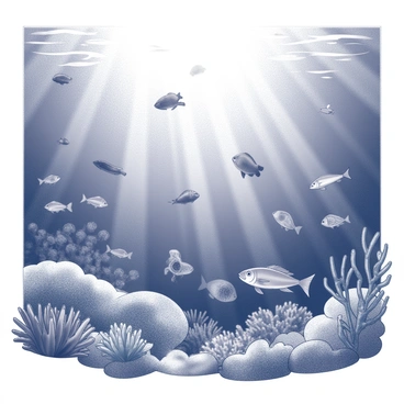 A deep sea with varying textures capturing the essence of underwater landscapes. Numerous fish of diverse shapes and sizes swim gracefully through the water. Coral formations are scattered throughout the scene, showcasing intricate designs and structures. Light filters down from the surface, creating patterns of illumination that dance across the water. Various aquatic plants sway gently with the currents, adding to the richness of the marine environment.