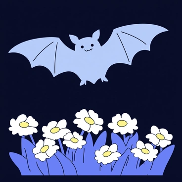 A bat with outstretched wings is gently hovering in mid-air. Below the bat, there is a patch of blooming moonflowers with large white petals that appear to glow softly in the moonlight. The scene is set at night, with a dark background that contrasts with the light-colored flowers. The bat is depicted with a focused expression, and its wings are fully extended, displaying details of the wing structure.