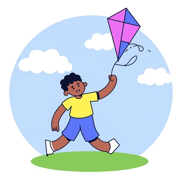 A child with a mischievous grin is flying a colorful kite. The kite is shaped like a diamond and has a bright red color with blue accents. The child is wearing a yellow t-shirt and denim shorts. There are fluffy white clouds in a clear blue sky. The grass below is a vibrant green, and the sun is shining brightly, casting soft shadows on the ground.