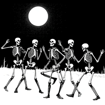 A group of animated skeletons dancing under a full moon