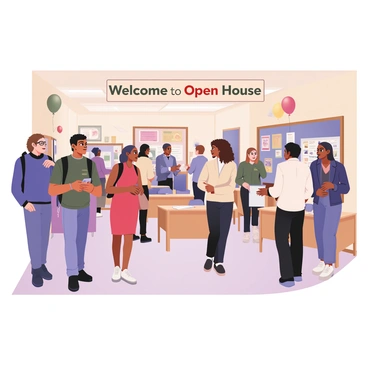 A digital flat illustration of a school open house reception. In the foreground, a group of parents is touring a brightly lit classroom. The parents, consisting of a father with light skin and brown hair wearing a blue shirt and jeans, and a mother with dark skin and curly hair in a red dress, are engaged in conversation with a teacher. The teacher has medium skin and is wearing glasses, a white shirt, and dark pants. 

In the background, there are colorful educational posters on the walls of the classroom, alongside a bulletin board filled with student artwork. Other parents can be seen in different classrooms, interacting with teachers who are discussing various subjects. There are desks with books and supplies scattered around, and a welcoming atmosphere is represented by balloons in the hallway. A large banner that reads "Welcome to Open House" is hanging above the entrance.