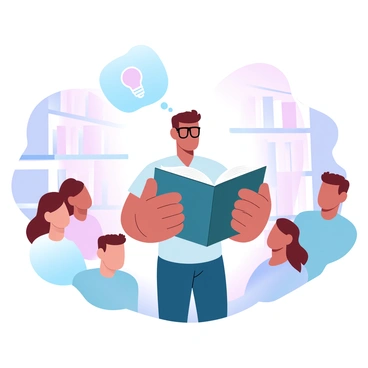 A person with glasses is standing and holding a large book in their hands. The book is open, and the pages are slightly fluttering as if caught by a gentle breeze. Around them, a small group of people is gathered, with expressions of admiration and intrigue. One person is leaning forward, while another is nodding in agreement, creating a sense of curiosity. In the background, there are shelves filled with books, and a warm light gives the scene a cozy feel. A thought bubble appears above the group, containing a light bulb symbol, suggesting they consider the person to be a genius.