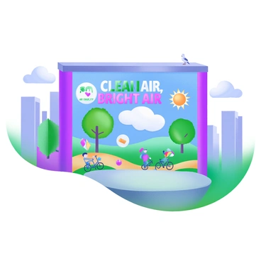 A city wall features a vibrant mural focused on the theme of clean air. The mural showcases a large, blue sky with fluffy white clouds and a radiant sun. Below, there are lush green trees with birds perched on the branches. The mural also includes diverse people, including a child holding a colorful kite, an elderly person tending to a garden, and cyclists riding along a path. The words "Clean Air, Bright Future" are painted in bold, colorful letters across the top. Various air quality symbols, such as a heart and a leaf, are integrated into the design, emphasizing the mural's message.