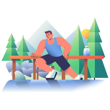 A hiker with tanned skin and short brown hair is taking a break on a mountainous trail. He is wearing a blue tank top and black shorts, showing signs of exertion. His hands are placed on a wooden railing as he performs incline push-ups, with his body angled downwards. Behind him, there are lush green trees and rocky terrain, indicating a nature-filled landscape. The sun is shining brightly, casting soft shadows on the ground and highlighting the hiker's focused expression. A water bottle rests on the railing nearby, complementing the fitness theme of the scene.