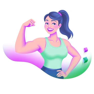 A modern pastel illustration of a woman flexing her arm in pride, showcasing her muscle definition. She has a confident smile on her face, with her other hand resting on her hip. Her hair is styled in a sleek ponytail, and she is wearing a fitted tank top that accentuates her toned arms. The background features soft pastel colors, enhancing the vibrant energy of the scene.