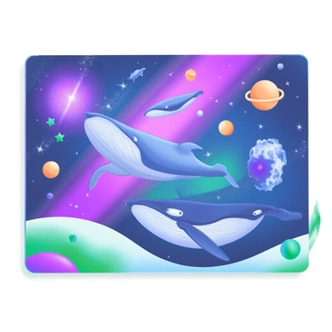 A modern pastel illustration featuring several whales swimming gracefully through a cosmic ocean filled with vibrant colors. The ocean is scattered with shimmering stars, galaxies, and celestial bodies, creating a mystical atmosphere. The whales are depicted in various sizes and styles, with fluid movements as they navigate the expansive underwater cosmos. The scene is arranged on an 8x8 illustration board, emphasizing the grandeur of the cosmic setting.