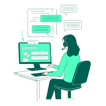 A teal support agent is sitting at a white desk in front of a computer. The agent has a headset on and is focused on the screen, where various chat bubbles are floating around. Each chat bubble contains text that reflects different user inquiries. The background has a simple design that enhances the emphasis on the agent and the computer setup, creating an active support environment.