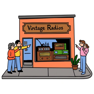 A street scene featuring a vintage radio shop with a large display window. The shop has a wooden sign above the entrance that reads "Vintage Radios" in elegant lettering. Inside the window, there are several antique radios of various shapes and sizes, including a classic wooden console radio, a small portable radio in a vibrant color, and a retro tube radio with dials and knobs. The shop is painted in warm colors, and there are potted plants on either side of the window. Passersby, including a couple pointing at the radios and a child looking in wide-eyed, add a lively atmosphere to the scene. The sun is shining, casting soft shadows on the pavement.