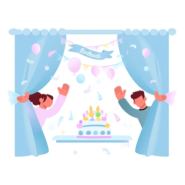 A child unveiling a surprise birthday party for their parent, full of colorful decorations and happiness.