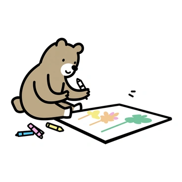 A bear, depicted in a minimalistic drawing style, is sitting on its haunches. It is holding a crayon in its paw, with several colorful crayons scattered around it. The bear is focused on drawing on a large sheet of white paper laid out in front of it. The paper features bright, whimsical drawings of trees and flowers, showcasing the bear's artistic efforts. The scene is simple yet charming, capturing the bear's concentration and creativity.