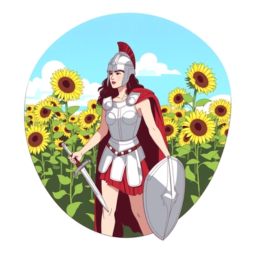 Athena is standing in a vibrant field of sunflowers, surrounded by tall, bright yellow flowers swaying gently in a light breeze. Her armor is a striking silver, catching the sunlight and reflecting it in dazzling patterns. The sunflowers tower around her, their large heads turned towards the sun, creating a golden backdrop. Athena's helmet is adorned with a crest, and she holds a shield in one hand, which is decorated with intricate designs. The other hand rests on the hilt of a sword that is partially sheathed at her side. A clear blue sky stretches overhead, enhancing the brightness of the scene.