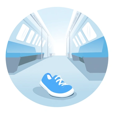 A single sneaker is resting on the bare floor of an empty subway car. The sneaker is a vibrant blue color with white laces, showing signs of wear. Surrounding the sneaker, the floor is made of a smooth gray material, reflecting the overhead lights faintly. The walls of the subway car are lined with metal poles, and the windows are fogged, creating a sense of isolation. In the background, the benches are unoccupied, enhancing the emptiness of the scene.