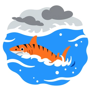 A tiger shark with distinctive stripes swims gracefully beneath the turbulent waves of a stormy sea. The water is a deep blue, with vibrant white foam bubbling around the shark as it moves through the currents. The shark's dorsal fin breaks the surface occasionally, creating splashes. Above, dark gray clouds gather ominously, contrasting with the lighter shades of the sea. The scene captures the dynamic movement of the water, with ripples and swirls surrounding the powerful form of the shark.