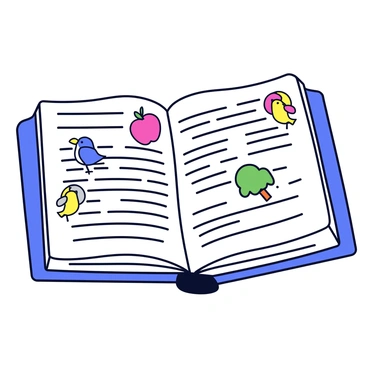 An open dictionary lying flat on a wooden surface. The pages are filled with text, and small colorful illustrations of various objects are popping out from the pages. Each illustration represents a different word, including a bright red apple, a blue bird, and a green tree. The illustrations are designed in a simplistic style, adding a playful touch to the dictionary. The edges of the pages are slightly curled, showing a sense of use.