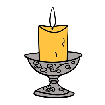 A vintage-style candle with a white wick sits upright in an ornate silver holder. The candle is cylindrical, displaying a slightly worn texture that suggests age. The silver holder features intricate designs, including floral patterns and delicate engravings, reflecting a classic aesthetic. The light source casts soft shadows, enhancing the details of the holder and illuminating the wax of the candle. The background is softly blurred to emphasize the elegance of the candle and its holder.