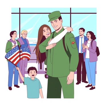 A soldier in a green military uniform is standing in an airport terminal, surrounded by family members. The soldier is wearing a relieved expression and is enveloped in a warm embrace from a woman with long brown hair. In the background, a young boy with a big smile is holding a small American flag. The airport has large glass windows, allowing sunlight to stream in, illuminating the scene of joy and reunion. Other family members are clapping and smiling, capturing the emotional moment.