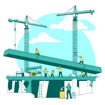Construction workers building a large bridge with cranes and scaffolding