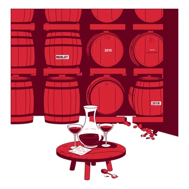 A red room filled with rows of wooden casks, each labeled with different years and types of wine. The casks are stacked neatly, with some showing vintage labels like "2015 Merlot" and "2018 Chardonnay." The room has dim lighting, creating a warm ambiance. A small table made of aged wood sits in the center, holding a decanter filled with deep crimson wine and a pair of elegant glasses. A few scattered wine tasting notes lie on the table, adding a touch of detail to the scene.