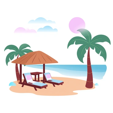 A charming beach cabana with straw roofs is situated on a sandy shore. The cabana features bamboo furniture arranged comfortably under the shade. In the foreground, there are two bamboo chairs with colorful cushions, positioned beside a small table. The ocean stretches out in the background, with gentle waves lapping against the shore. A few palm trees lean slightly towards the cabana, adding to the tropical atmosphere. A large sun is setting just above the horizon, casting warm, pastel colors across the sky and water.