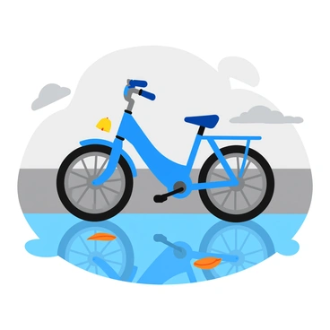 A bright blue bicycle with a sleek frame and a shiny bell is positioned beside a calm puddle. The puddle reflects the bicycle perfectly, showcasing the details of the bike, including the pedals and handlebars. Raindrops can be seen gently splashing on the surface of the water, creating small ripples that slightly distort the reflection. The background features a gray, overcast sky, with more rain clouds visible, adding to the atmosphere of a rainy day. A few fallen leaves float on the surface of the puddle, enhancing the composition.
