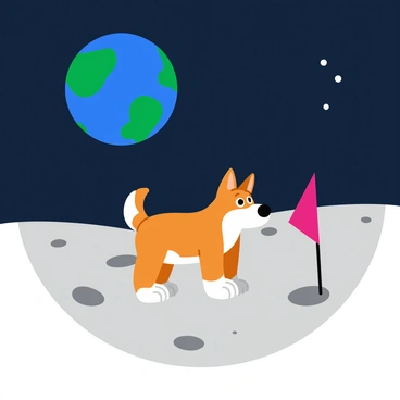 A small, brave dog resembling Laika is exploring the moon's surface. The dog is standing on the gray, rocky terrain, with a tiny flag planted beside it. The flag is bright red and flapping gently in the lunar breeze. In the clear, dark sky above, Earth is visible as a vibrant blue and green sphere, shining brightly. The surface of the moon is scattered with craters and dust, complementing the scene. The dog's expression is curious and adventurous, capturing the spirit of exploration.