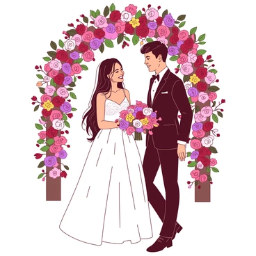 The bride is wearing a white wedding gown adorned with intricate lace details. Her long, flowing hair is styled elegantly, and she has a radiant smile on her face. The groom is dressed in a classic black suit, with a white shirt and a matching black tie, looking lovingly at the bride. They are standing in front of a beautifully decorated floral arch, filled with flowers in a mix of colors. The bride and groom are gently exchanging flower garlands, each adorned with colorful blooms. The scene is vibrant, filled with joyful expressions and the rich textures of their attire.
