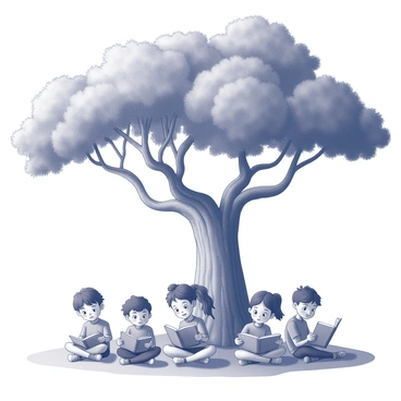 A diverse group of children is gathered under the sprawling branches of a giant tree. The tree has a wide trunk and thick foliage that provides ample shade. Each child holds a different book, immersed in their reading. Their faces display expressions of wonder and curiosity, with wide eyes and smiles. Some children are sitting cross-legged on the ground, while others are leaning against the tree trunk. The scene conveys a sense of camaraderie and joy in exploring stories together.