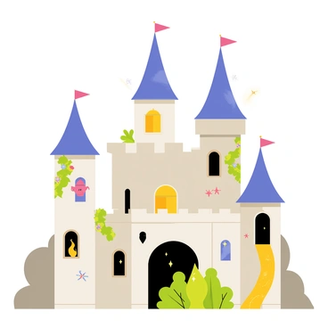 A fairytale castle with tall, pointed towers and colorful banners fluttering in the wind. The castle walls are adorned with ivy and vibrant flowers. Enchanted objects are scattered throughout the scene, including a glowing lantern, a talking mirror, and a whimsical teapot with steam rising from it. Hidden doors are incorporated into the castle's design, blending seamlessly with the stone walls, with some slightly ajar, hinting at secret passages. In the foreground, a magical escape route appears as a shimmering pathway leading to a lush, green forest filled with sparkling lights and fluttering fairies.