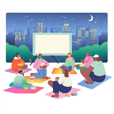 A group of friends is gathered for an outdoor movie night at Rockefeller Center. They are seated on colorful blankets spread across the ground, surrounded by a starry night sky. Each friend has a bowl of popcorn in their lap, and some are sharing snacks with each other. The backdrop features the iconic Rockefeller Center buildings illuminated against the night. A large screen displaying a classic film is set up in front of them. The atmosphere is lively, with laughter and chatter among the friends, as they enjoy the warm evening together.