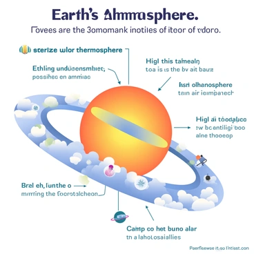 An infographic displays the layers of Earth's atmosphere, with a focus on the thermosphere. The thermosphere is highlighted in a vibrant color, showcasing its position above the mesosphere and below the exosphere. Text annotations explain key features, such as the presence of the ionosphere, high temperatures, and a thin air composition. Various icons represent phenomena like auroras and satellites, illustrating activities occurring in this layer. The overall layout is structured for easy comprehension, with clear labels and arrows indicating the relationships between different atmospheric layers.