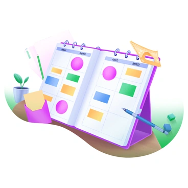 A desk planner opened to a month view, displaying various bill due dates clearly marked with colorful stickers in shades of pink, blue, yellow, and green. Each sticker varies in shape, including circles and stars, adding a lively touch to the planner. The planner is positioned on a wooden desk, with a pen resting next to it. Surrounding the planner are a few additional office supplies, such as a sticky note pad and a small potted plant. The overall composition is organized and bright, emphasizing the importance of planning.