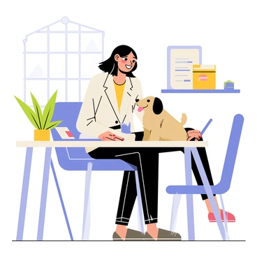 A confident woman dressed in a stylish blazer sits at a modern desk in a trendy office. She has shoulder-length hair and is affectionately petting a small fluffy dog sitting on her lap. The office features sleek furniture, large windows allowing natural light to stream in, and colorful artwork on the walls. A potted plant is positioned on the desk next to a laptop and some papers, adding a touch of greenery to the scene. The dog looks content and playful, with its tongue out and tail wagging.