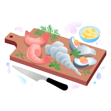 A wooden cutting board is laid out on a kitchen counter. On the cutting board, there is a variety of seafood including several shrimp with curled tails, a cluster of clams with ridged shells, and a few open oysters revealing their glossy interiors. The seafood is arranged artfully, showcasing the natural colors and textures of each item. Some fresh herbs, such as parsley and dill, are scattered around the seafood for added color and detail. A small bowl of lemon wedges sits alongside to complement the presentation.