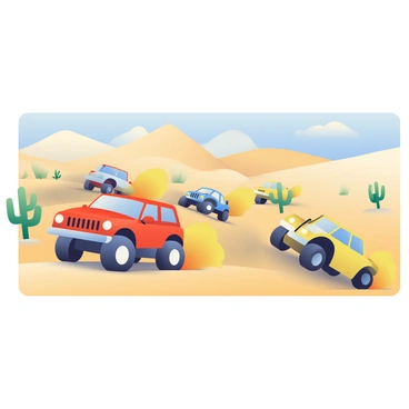 Several off-road vehicles, including a bright red SUV and a yellow dune buggy, are racing through a sandy desert landscape. The vehicles kick up clouds of golden sand behind them as they speed across the terrain. In the background, tall sand dunes rise against the clear blue sky, and a few sparse desert plants, such as cacti and small bushes, are scattered throughout the scene. The sunlight casts long shadows, emphasizing the rugged shapes of the vehicles as they maneuver through the undulating landscape.