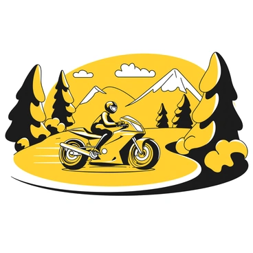 A street bike with an aerodynamic design is leaning into a curve on a winding mountain road. The bike has a prominent front fairing and shiny wheels, showcasing a sleek profile. The road is bordered by lush trees and rocky outcrops, creating a dramatic backdrop. In the distance, a mountain peak rises above the horizon, partially shrouded in clouds. The scene captures the motion of the bike as it navigates the turn, with a sense of speed and precision.