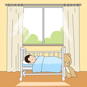 A cozy nursery room with soft pastel colors. Sunlight streams through a large window adorned with light curtains, casting a warm glow across the room. In the center, there is a small crib with a white frame. Inside, a sleeping newborn wrapped snugly in a light blue blanket is peacefully resting. The baby's delicate features are visible, with tiny fingers curled up and a small tuft of dark hair on the head. A plush toy, resembling a gentle bear, is placed beside the newborn. The wooden floor reflects the sunshine, creating a serene atmosphere in the nursery.