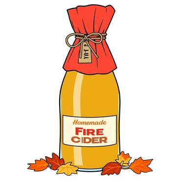 A tall glass bottle filled with golden fire cider, prominently displaying a label with bold, colorful text that reads "Homemade Fire Cider." The bottle is wrapped in crinkly, vibrant red tissue paper, cinched at the top with a twine bow. The bow features a small wooden tag attached, which bears the handwritten words "Gift for You." Surrounding the bottle is a scattering of autumn leaves in shades of orange, red, and yellow, complementing the warm colors of the cider. The background is softly blurred to highlight the beautifully wrapped bottle as the focal point.