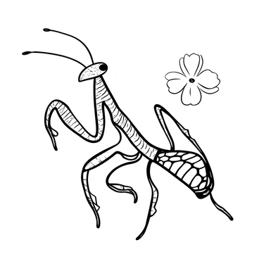 A close-up of an orchid mantis showcasing its "exquisite body structure," including its finely segmented limbs and "delicate antennae" extending elegantly. The mantis has prominent "petal-like appendages" mimicking a flower, highlighting its "intricate textures." The background features soft, blurred "floral elements" that enhance the mantis' camouflage in its natural habitat. The image captures the detailed patterning on its exoskeleton, emphasizing the "contrast between fine lines and smooth surfaces."