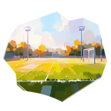 An empty soccer field featuring lush, dew-covered grass, glistening with droplets in the early morning light. The field is neatly marked with white lines, and the goalposts at each end stand tall against the landscape. In the background, a clear morning sky is visible, showcasing soft hues of blue and hints of golden sunlight. The scene is tranquil, with no players or objects present, emphasizing the untouched nature of the field.