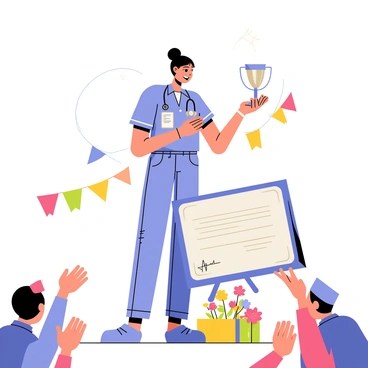 A nurse standing on a stage, holding a shiny award in one hand. She is wearing a light blue nurse's uniform with a name badge on her chest. Her expression is one of pride and happiness as she smiles at the audience. The background features colorful banners and decorations that indicate a celebration. There are applauding spectators in the foreground, some holding flowers and gifts. A large certificate with decorative borders is displayed next to the nurse, highlighting her achievement in bravery and dedication.