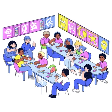 A tournament setting featuring several tables arranged in a spacious room. Players are seated around the tables, each focused on their decks of Pokémon cards. The players vary in age and gender, showcasing a diverse group. Each table displays a mix of card sizes and colorful designs, with some players holding their cards in hand while others lay them out on the table. Brightly colored banners hang on the walls, displaying Pokémon logos and tournament information. The overall atmosphere is lively and engaging, with some players in excited conversation while others concentrate on their matches.