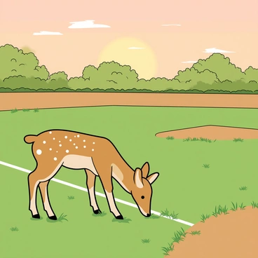 A graceful deer with light brown fur and white spots is quietly grazing on the grass of an unused baseball field. The field is covered in dew, glistening in the soft light of dawn. The bases and pitcher's mound are slightly overgrown, surrounded by patches of wildflowers. The sky is painted in soft pastel colors of orange and pink as the sun begins to rise. In the background, there are trees lining the edge of the field, their leaves rustling gently in the morning breeze. The deer appears calm and focused on the grass, with its ears perked up, listening for any nearby sounds.
